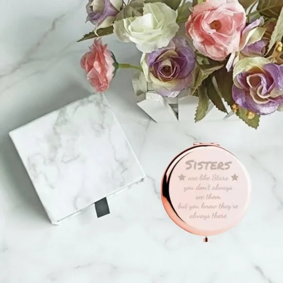 Reserved-Sisters-Rose Gold Compact Mirror Engraved “Sisters Are Like Stars” NIB - Picture 6 of 7